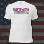 White t-shirt with 'SHITSHOW SUPERVISOR' text on a distressed American flag background