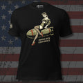 Handle with Confidence pinup woman riding a bomb design front print black tee from Infidel Collective