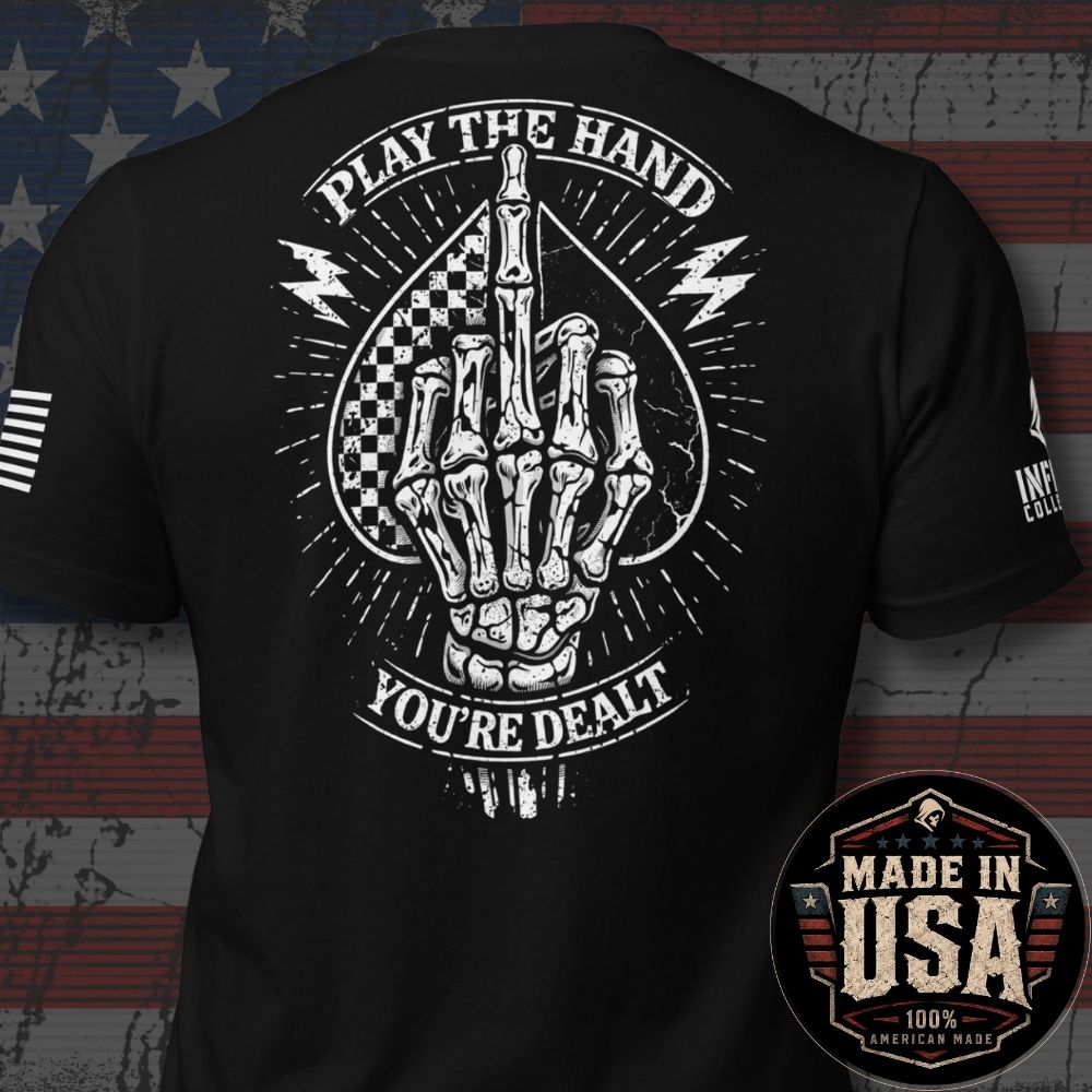 USA Made Play the Hand You're Dealt Skeleton Back Print Tee