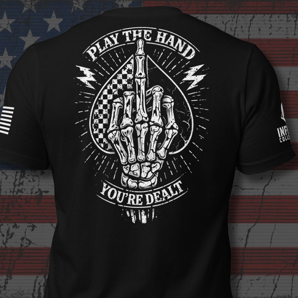 Back view of Black Play the Hand You're Dealt Skeleton Back Print tee.