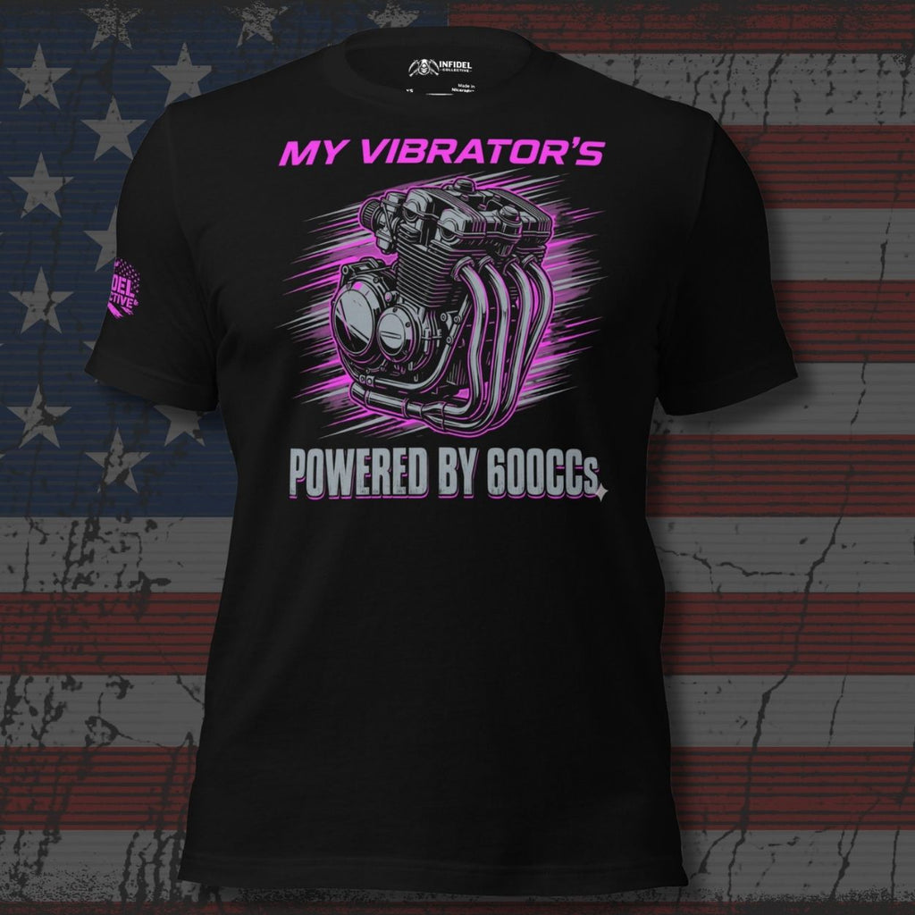 Black t-shirt with pink and white graphic design on an American flag background