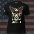 bald eagle over crossed pistons and skull with Powered by Liberty text front print black tee from Infidel Collective