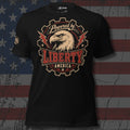 Powered by Liberty bald eagle gear badge front print black tee from Infidel Collective
