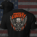 Powered by Liberty winged skull engine and pistons back print black tee from Infidel Collective