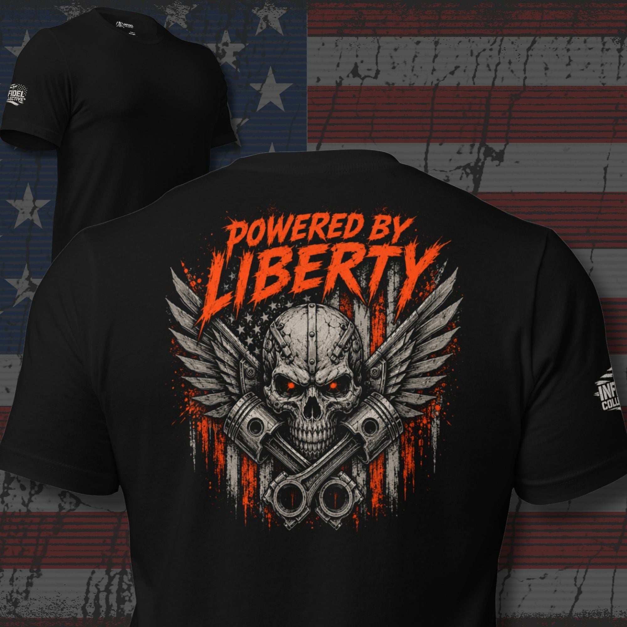 Powered by Liberty engine back print black tee from Infidel Collective
