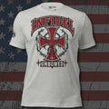 red Infidel cross wrapped in barbed wire with Unbowed banner front print athletic heather tee from Infidel Collective
