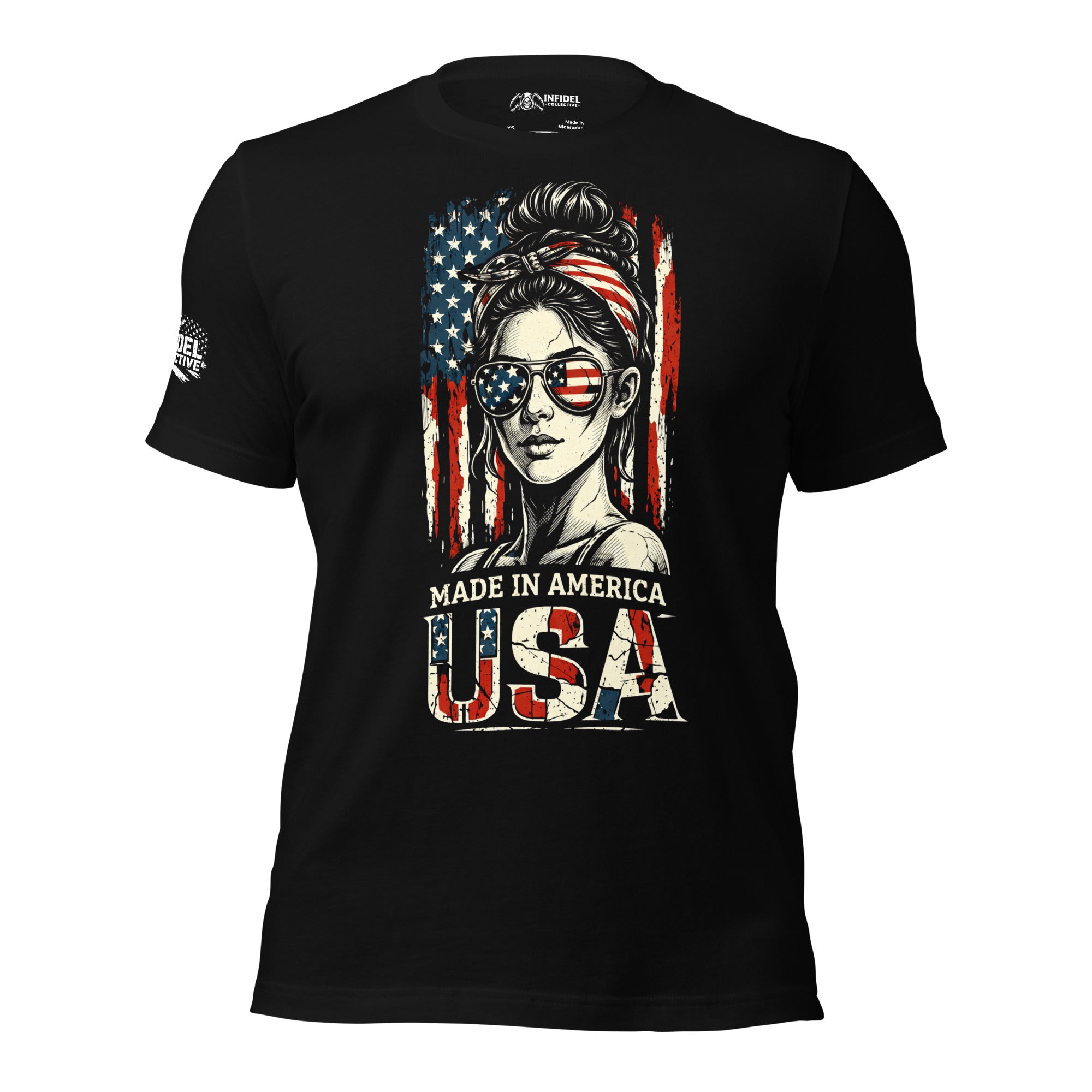 Black t-shirt with a graphic of a woman with an American flag in her hair and 'Made in America USA' text on a white background.
