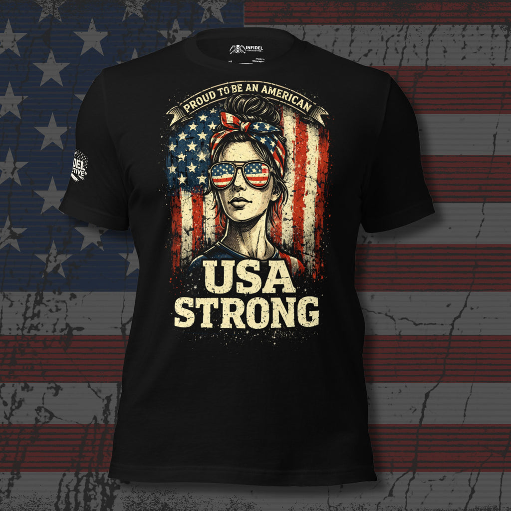 Black front print t-shirt featuring a patriotic woman wearing American flag sunglasses with the phrase Proud To Be An American USA Strong