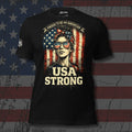 Proud American USA Strong woman with flag sunglasses front print black tee from Infidel Collective