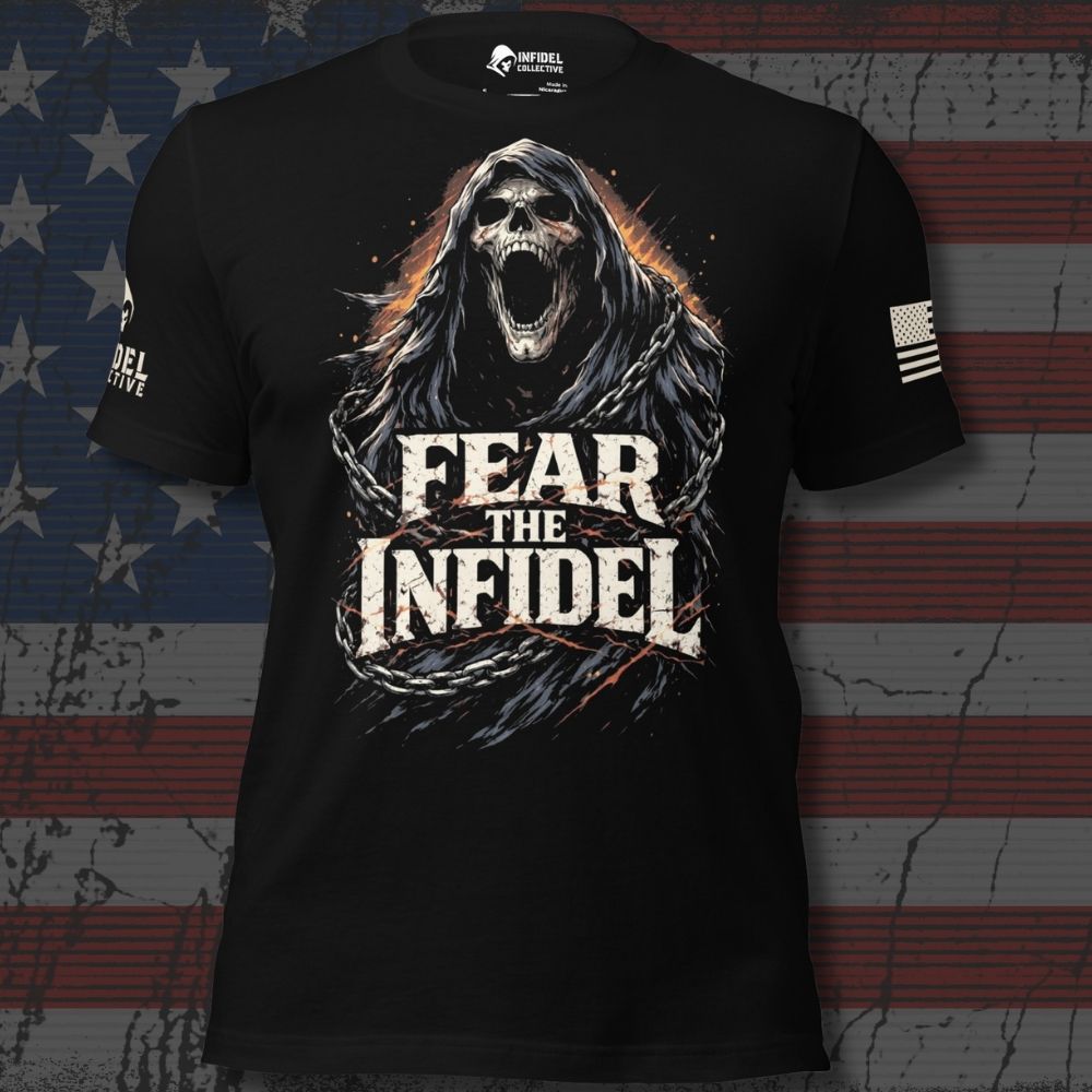 Front view of Black Fear the Radiant Infidel Reaper tee.