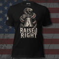 Raised Right rattlesnake and cracked Liberty Bell front print black tee from Infidel Collective