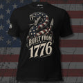 American flag rattlesnake with Built From 1776 text front print black tee from Infidel Collective