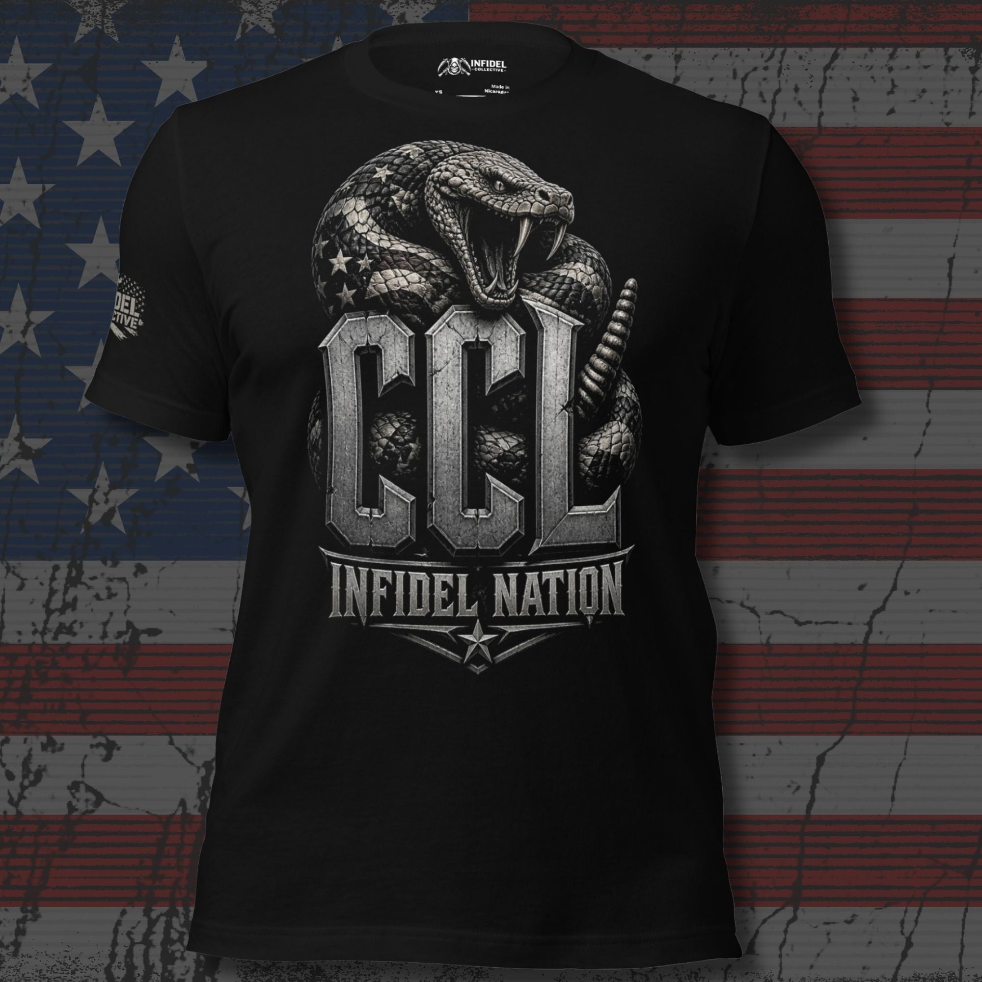 Black t-shirt featuring a coiled rattlesnake with American flag detailing wrapped around large metallic CCL lettering above Infidel Nation text
