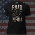 hooded reaper wearing a military dog tag with Paid in Full text front print black tee from Infidel Collective