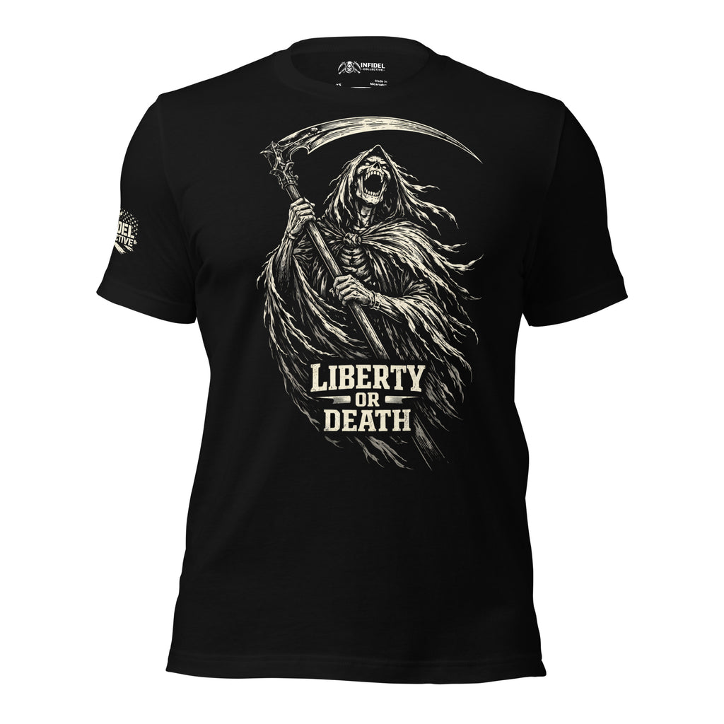 Black t-shirt with a graphic design of a skeleton holding a scythe and 'Liberty or Death' text on a white background.