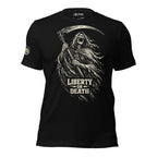 Black t-shirt with a graphic design of a skeleton holding a scythe and 'Liberty or Death' text on a white background.