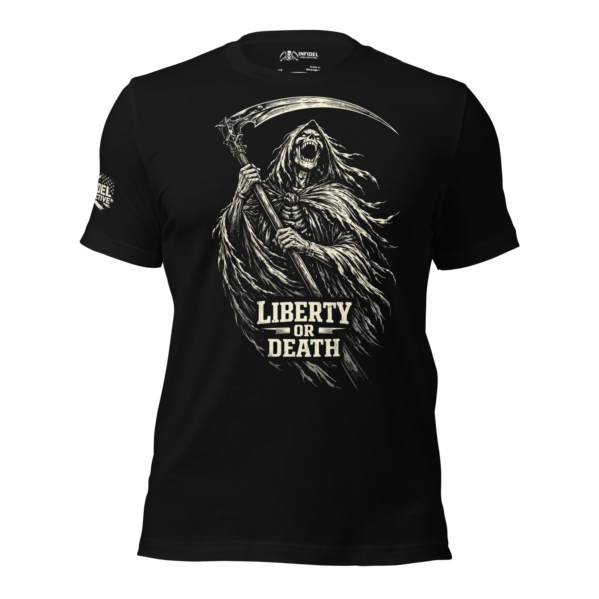 Black t-shirt with a graphic design of a skeleton holding a scythe and 'Liberty or Death' text on a white background.