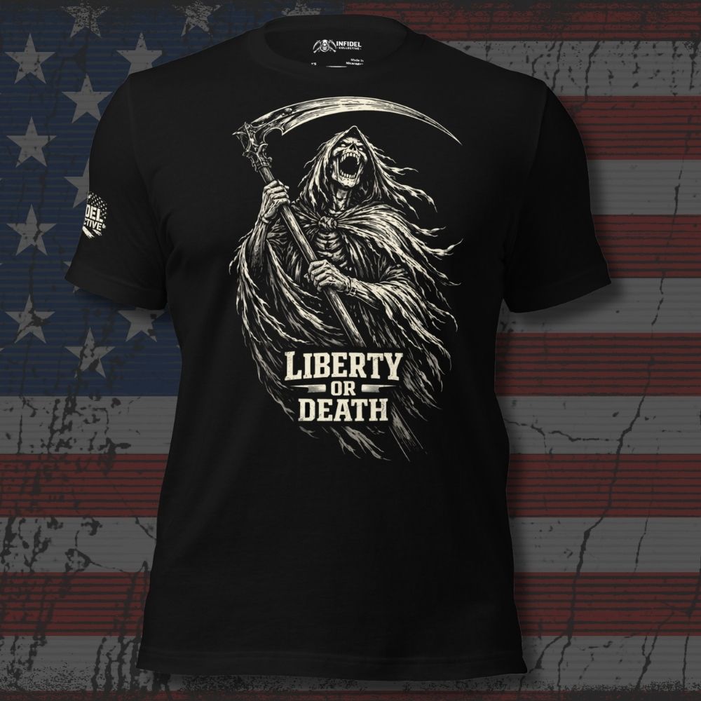 Black t-shirt with a graphic design of a skeleton holding a scythe and 'Liberty or Death' text, displayed against an American flag background.