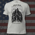 hooded reaper gripping a sword with Cold Dead Hands text front print athletic heather tee from Infidel Collective