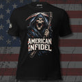 American Infidel screaming reaper with scythe front print black tee from Infidel Collective
