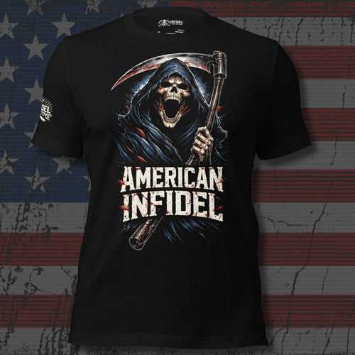 American Infidel screaming reaper with scythe front print black tee from Infidel Collective