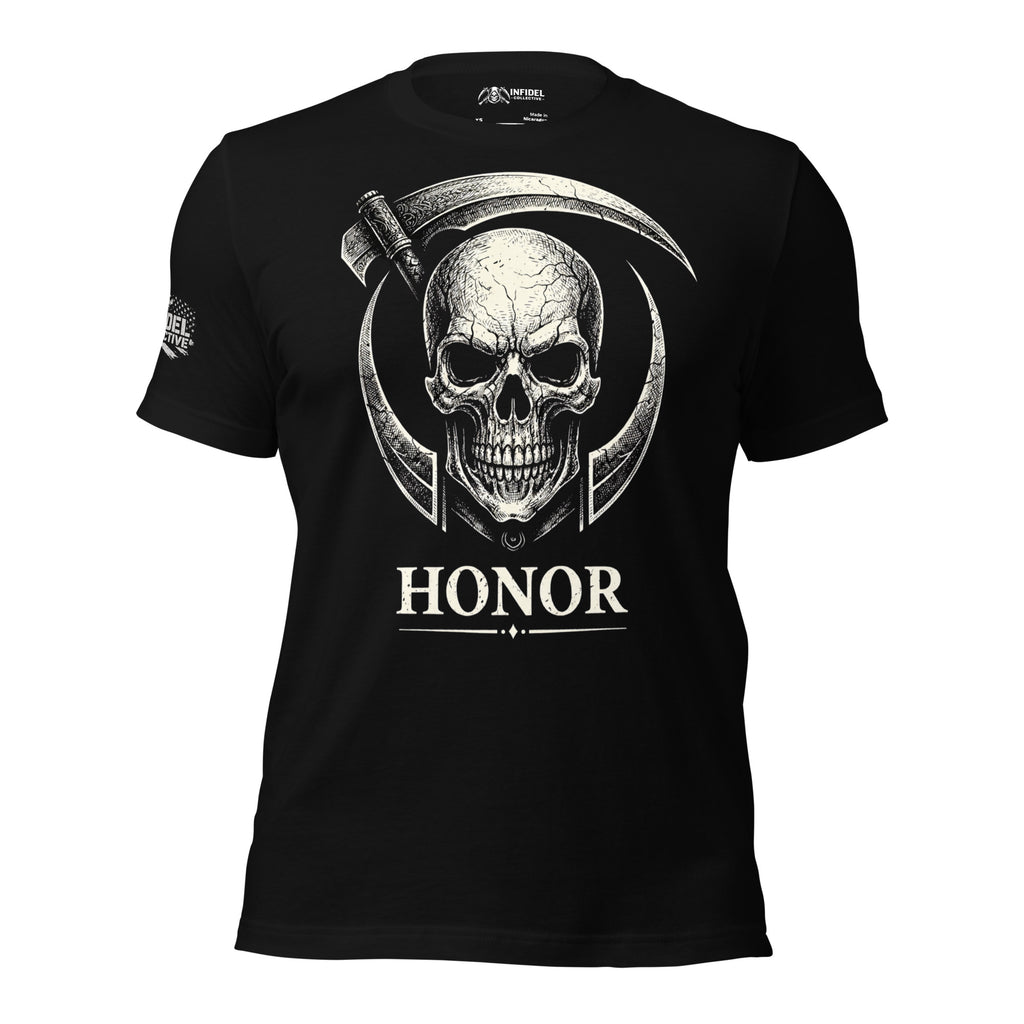 Black t-shirt with a skull and scythe design and 'Honor' text on a white background