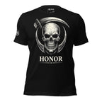 Black t-shirt with a skull and scythe design and 'Honor' text on a white background