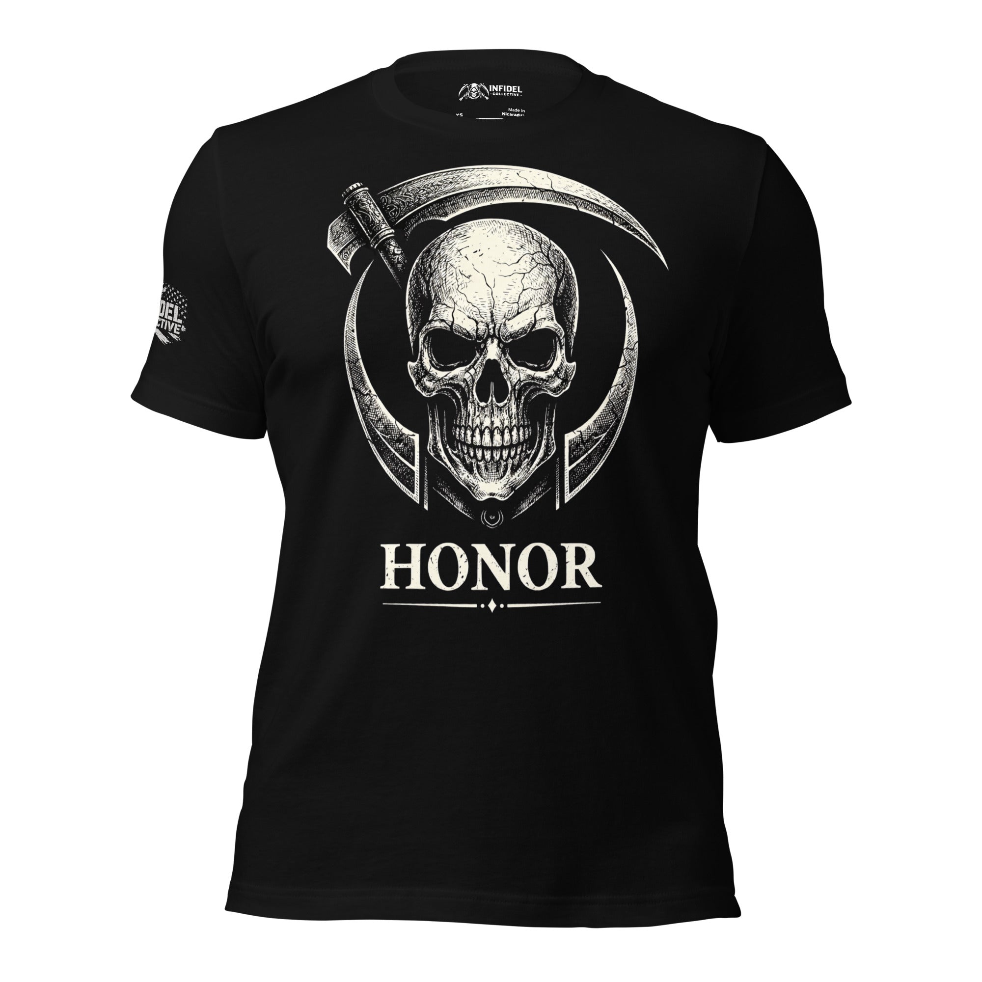 Black t-shirt with a skull and scythe design and 'Honor' text on a white background