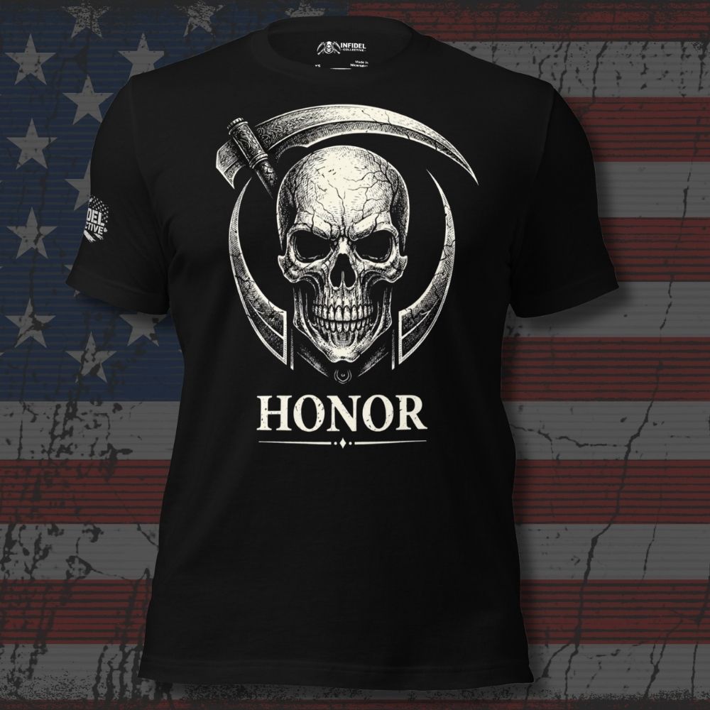 Black t-shirt with skull and scythe design on an American flag background