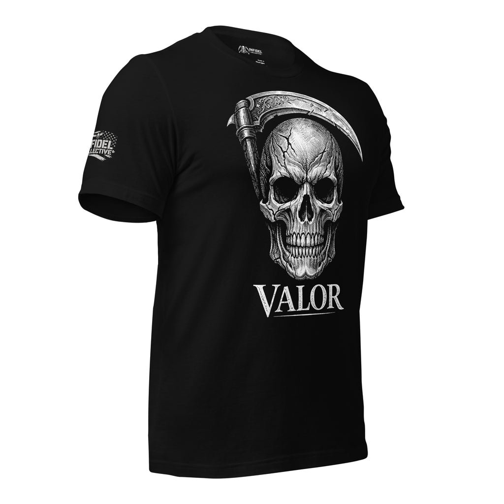 Black t-shirt with skull design and 'Infidel Collective' text on a white background