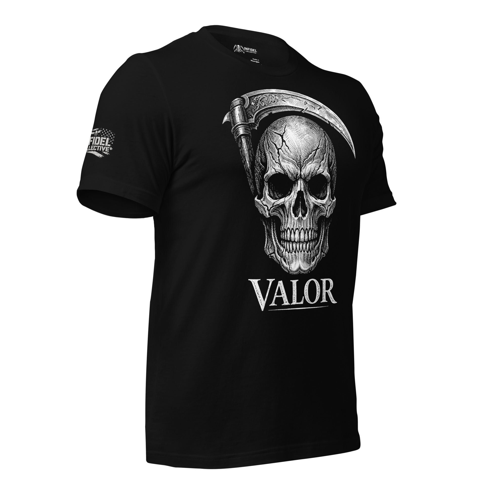 Black t-shirt with skull design and 'Infidel Collective' text on a white background