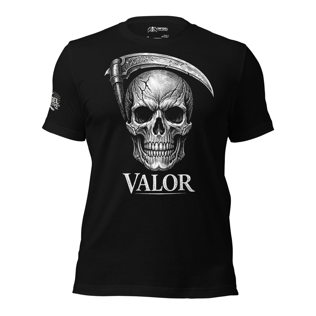 Black t-shirt with a skull and scythe design on a white background