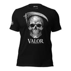 Black t-shirt with a skull and scythe design on a white background