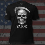 Black t-shirt with skull and scythe design on an American flag background