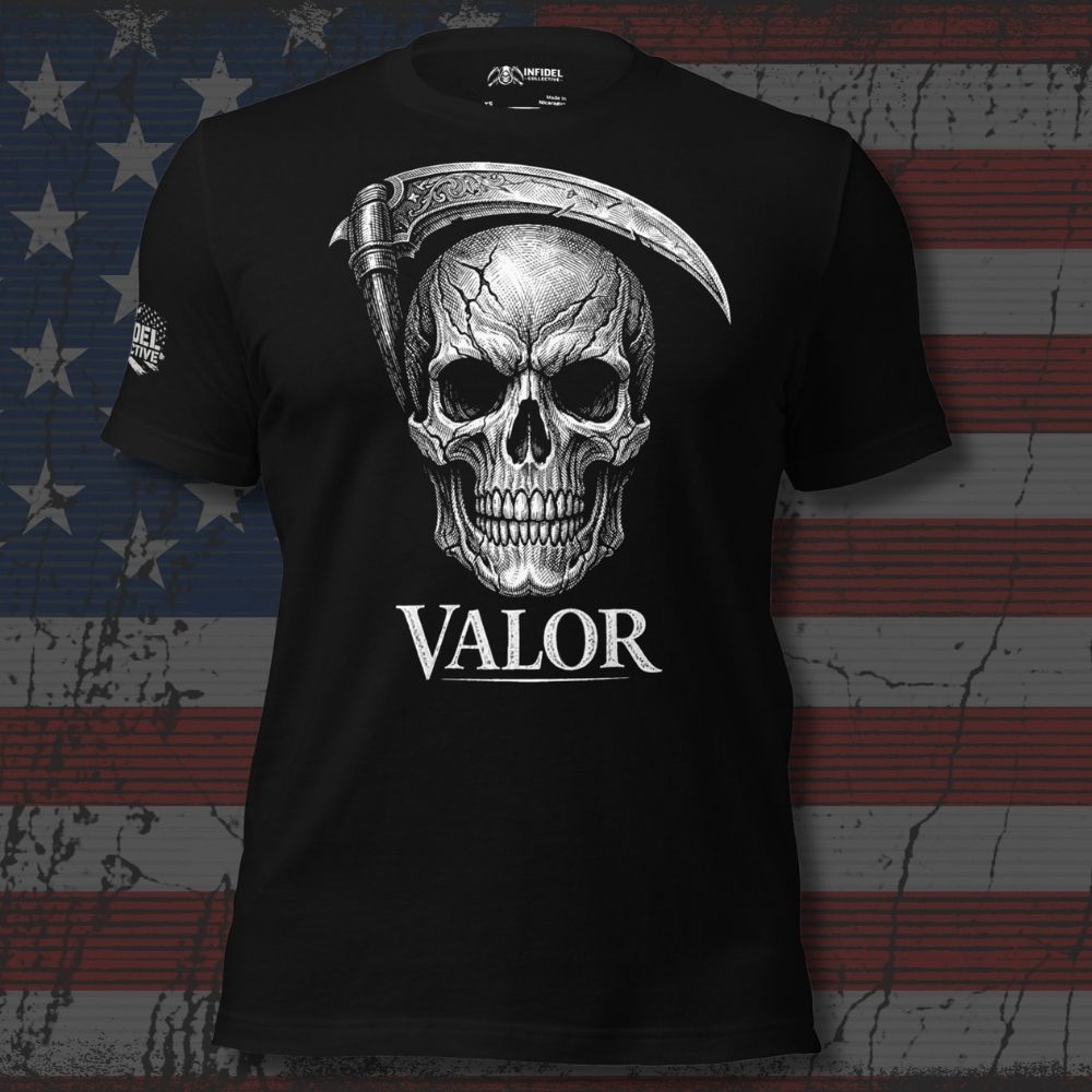 Black t-shirt with skull and scythe design on an American flag background