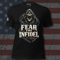 Fear the Infidel screaming chained reaper front print black tee from Infidel Collective