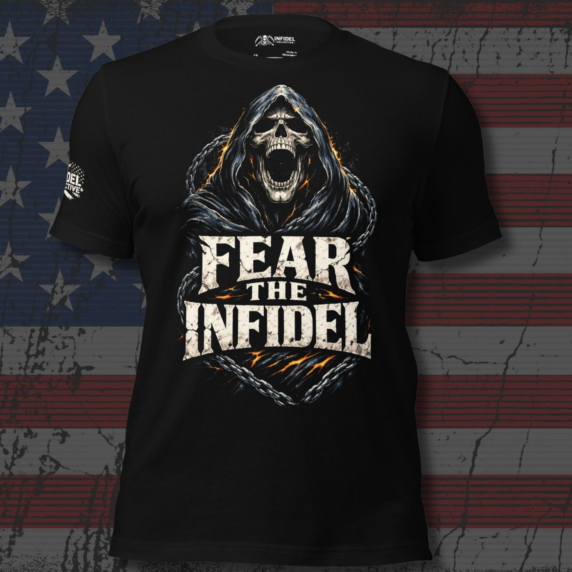 Rebel Chains Fear the Infidel graphic black tee from Infidel Collective