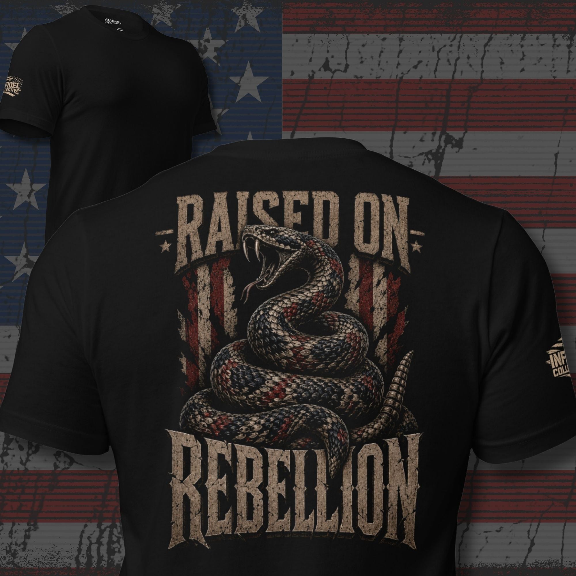 Black t-shirt with snake graphic and 'Raised on Rebellion' text against an American flag background