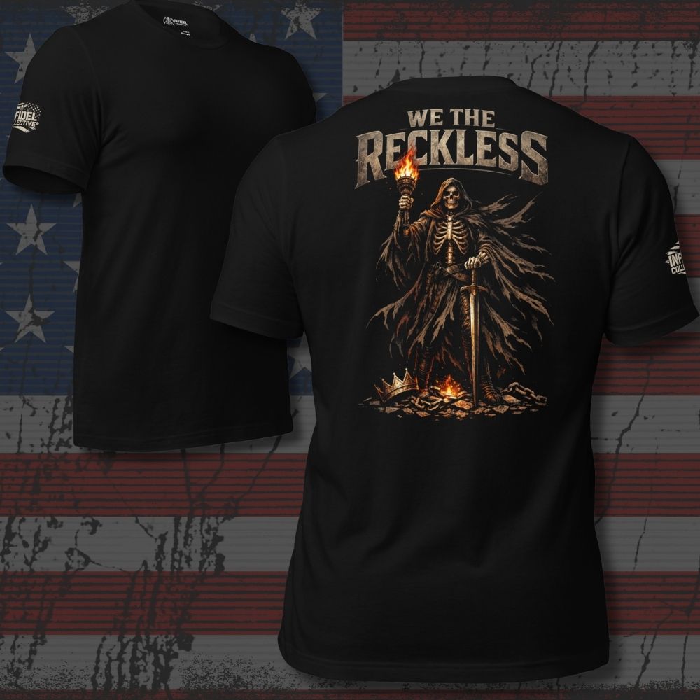 Black t-shirt with skeleton design and 'We The Reckless' text on an American flag background