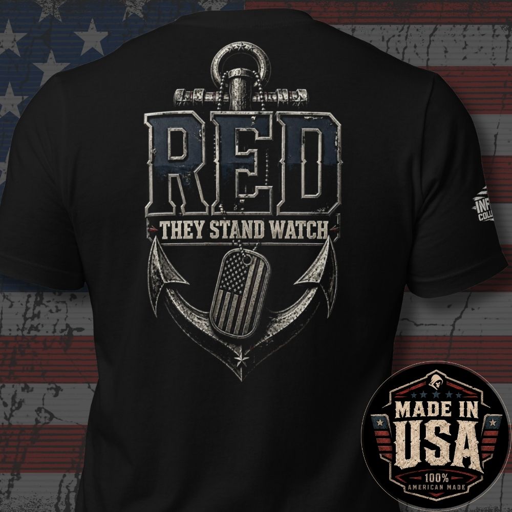 USA Made RED Navy They Stand Watch Back Print Tee