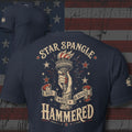 Red White and Booze Star Spangled Hammered torch back print navy tee from Infidel Collective