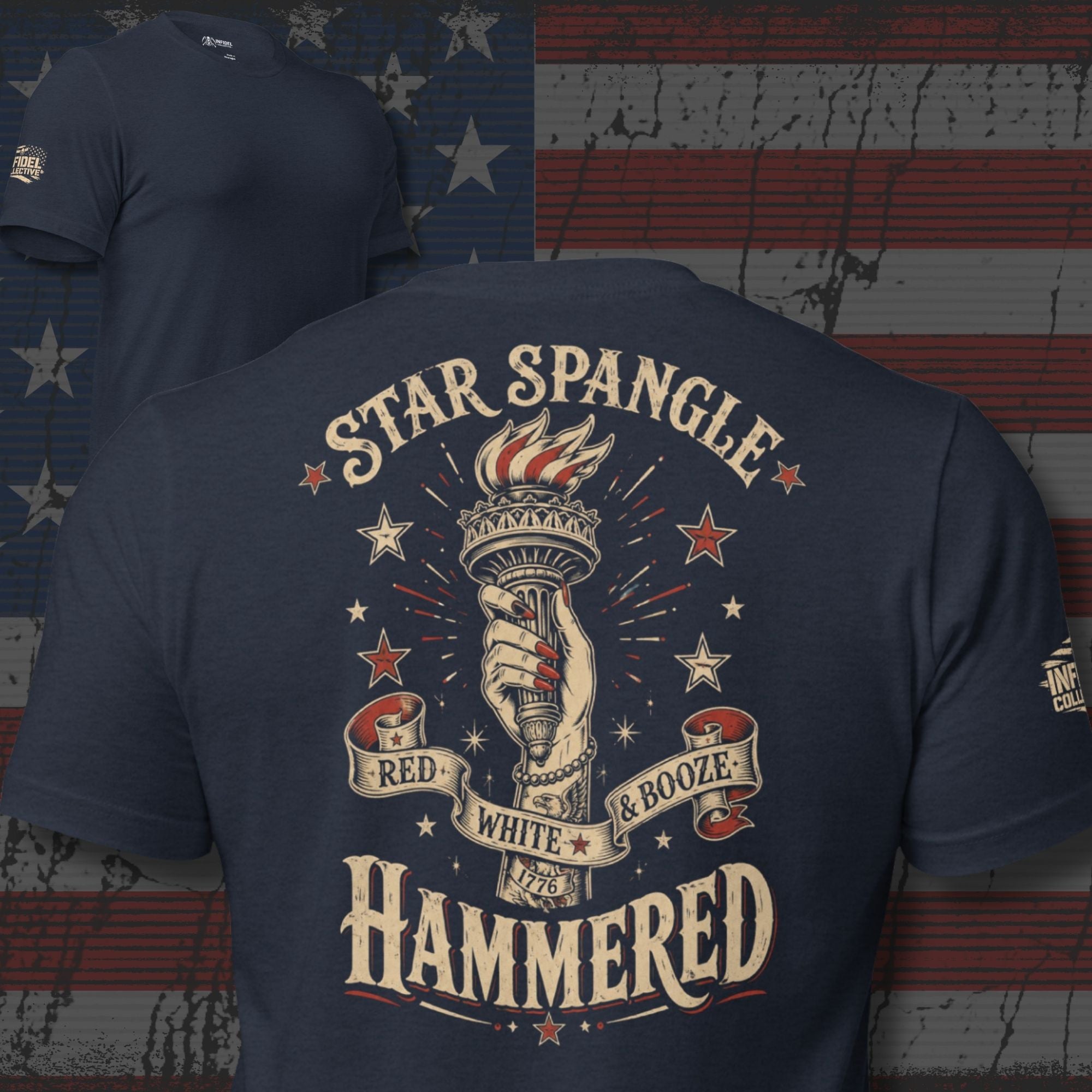 Red White and Booze Hammered back print graphic on navy tee featuring a hand holding the Statue of Liberty torch with patriotic stars and vintage lettering