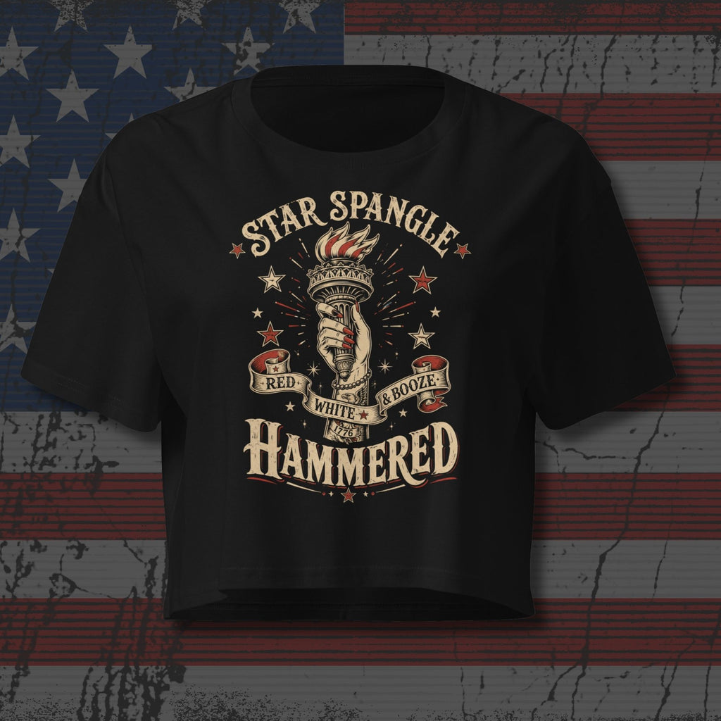 Star Spangle Red White and Booze Hammered graphic with Statue of Liberty torch and patriotic stars on black front print tee