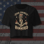 Star Spangle Red White and Booze Hammered graphic with Statue of Liberty torch and patriotic stars on black front print tee