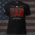RED Remember Everyone Deployed lettering with bald eagle and Always Advancing text front print black tee from Infidel Collective
