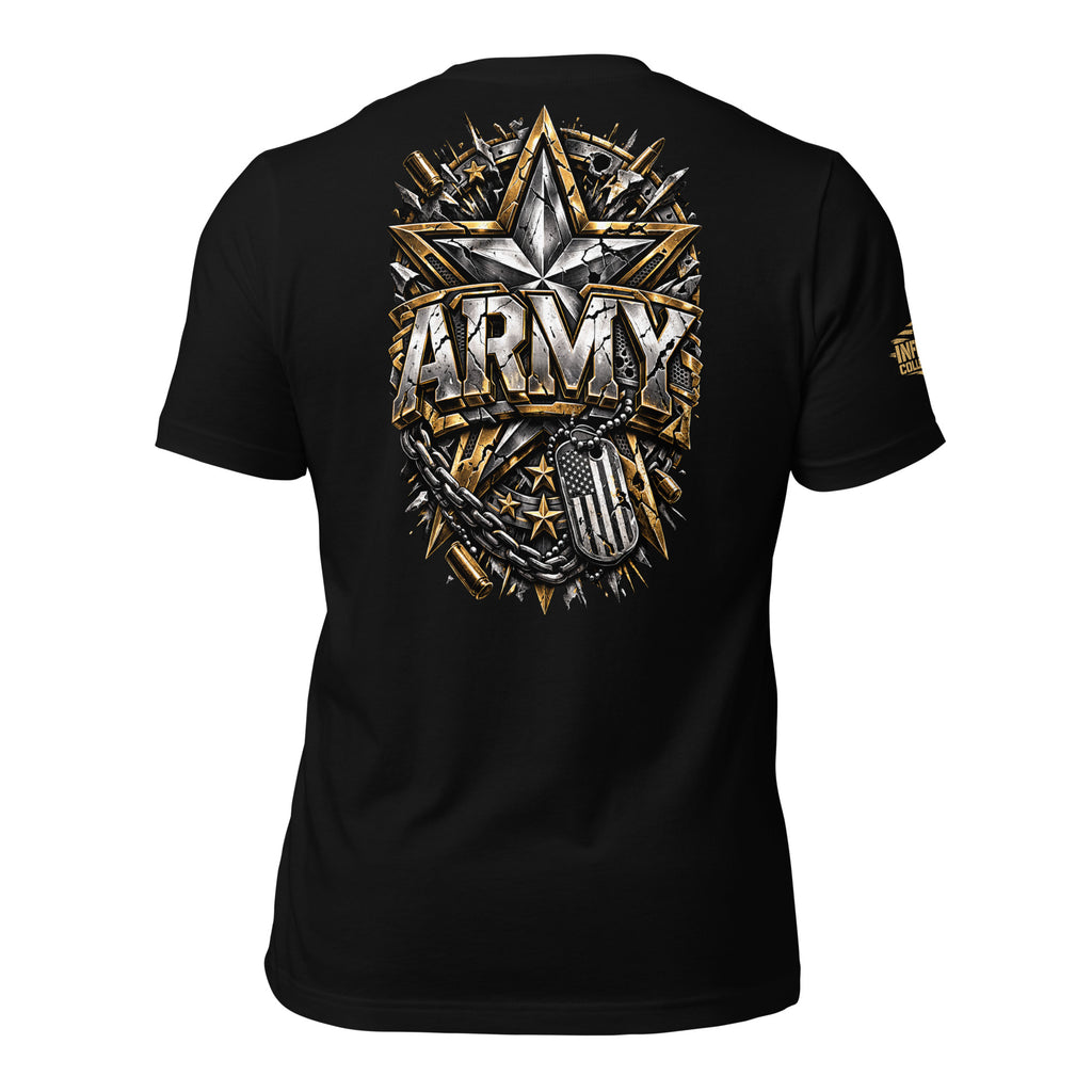 Black t-shirt with 'ARMY' graphic design on a white background