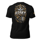 Black t-shirt with 'ARMY' graphic design on a white background