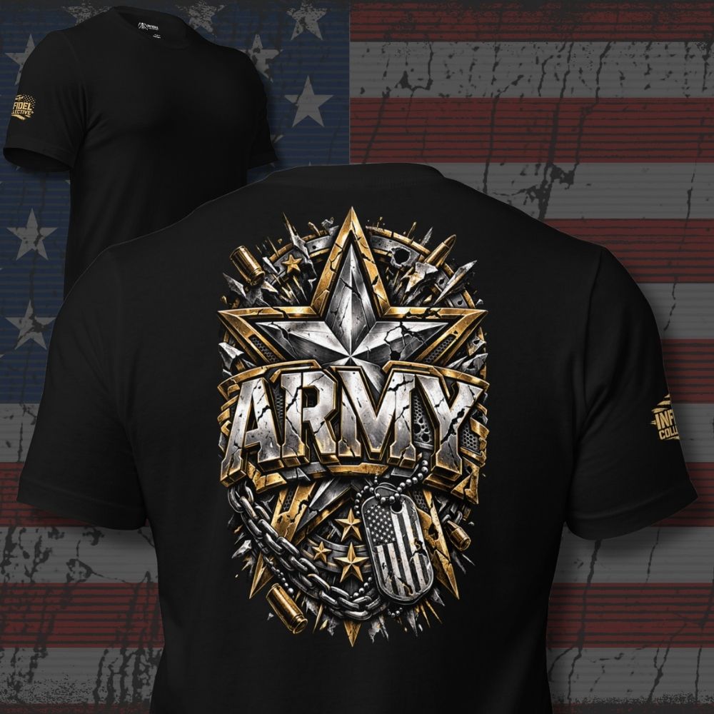 Black t-shirt with 'ARMY' design on a distressed American flag background