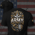Black t-shirt with 'ARMY' design on a distressed American flag background