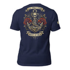 Navy Blue t-shirt with 'Rest at Sea' logo on the back against a white background